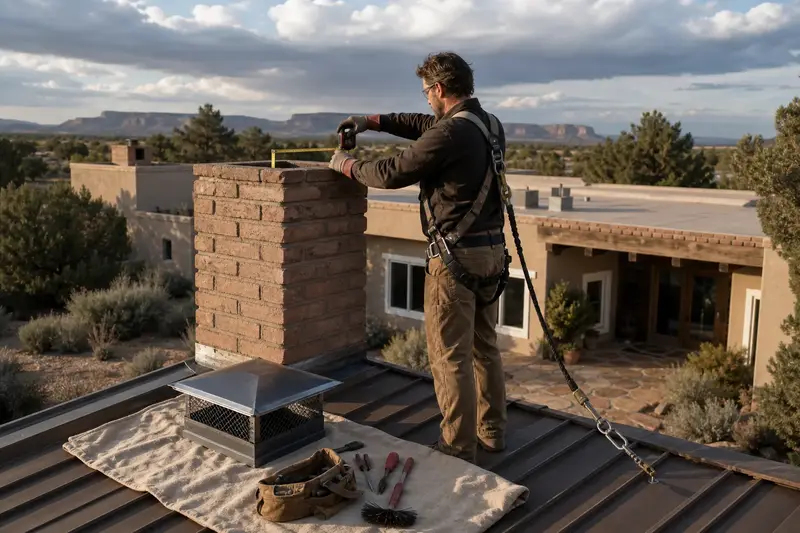 A harnessed technician sizing the flue opening of a brick chimney with a steel cap on a pitched metal roof for a new cap; illustrative image