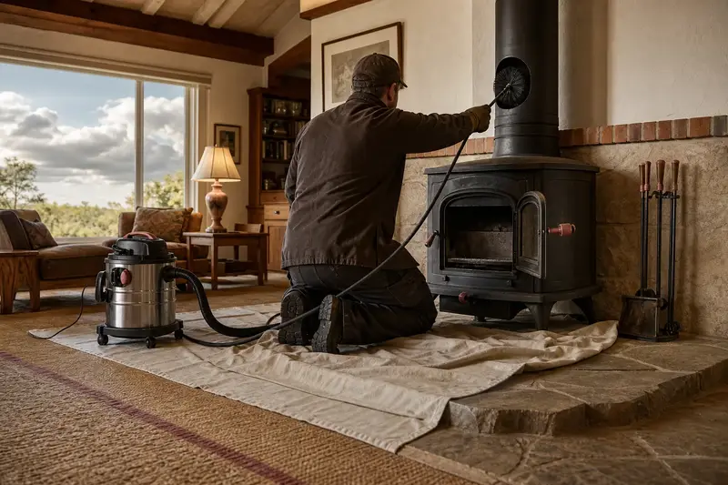 A technician feeding a rotary chimney brush up the flue of a cast-iron wood stove on a stone hearth pad, drop cloths and a sealed vacuum on the hearth; illustrative image
