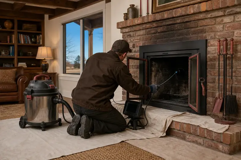 A technician guiding an inspection camera into the firebox of a wood-burning insert in a brick opening, the fireplace cold and unlit; illustrative image