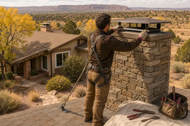 A harnessed mason measuring the crown of a stacked-stone chimney with a steel cap with a folding rule; illustrative image