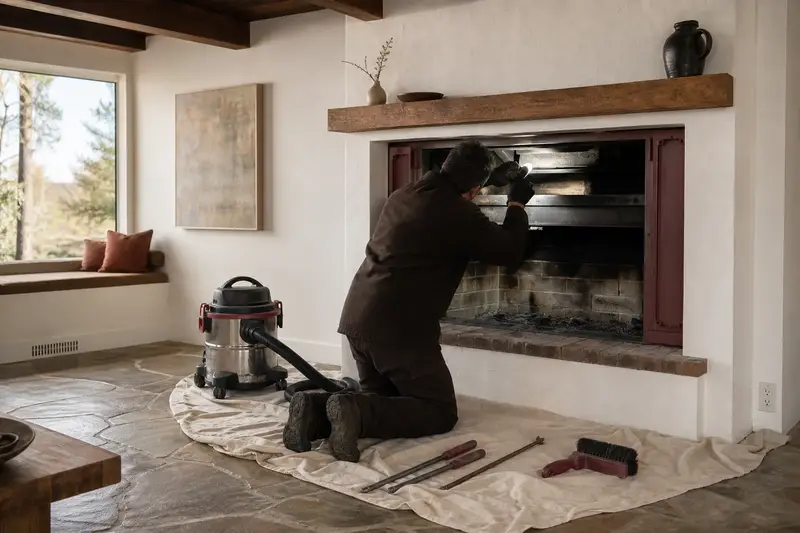 A technician checking the damper and smoke chamber of an open masonry wood-burning fireplace by flashlight, the fireplace cold; illustrative image