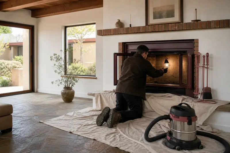 A technician checking the firebox walls of a wood-burning insert in a brick opening with a work light, a drop cloth on the hearth; illustrative image