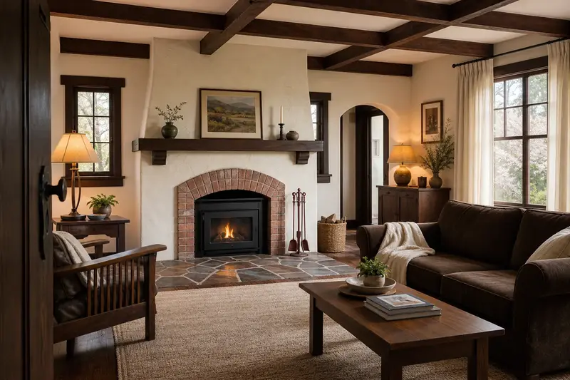 A calm sitting room with a wood-burning insert in a brick opening, a clear hearth and fireplace tools on a stand, no one present; illustrative image
