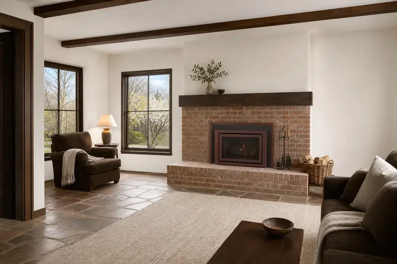 An empty, freshly painted living room with a wood-burning insert in a brick opening awaiting new owners; illustrative image