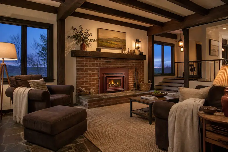 A hearth room with a wood-burning insert in a brick opening, a clear hearth and soft window light; illustrative image