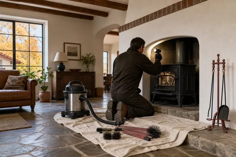 A technician holding an inspection light at a cast-iron wood stove on a stone hearth pad, a brush kit waiting on the drop cloth; illustrative image