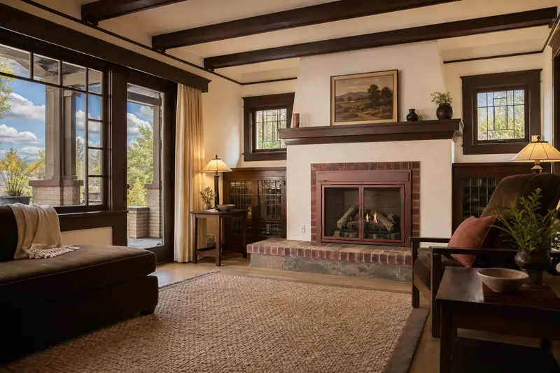 A living room with a vented gas log set in a masonry firebox seen straight on, its opening, hearth and surround clear; illustrative image