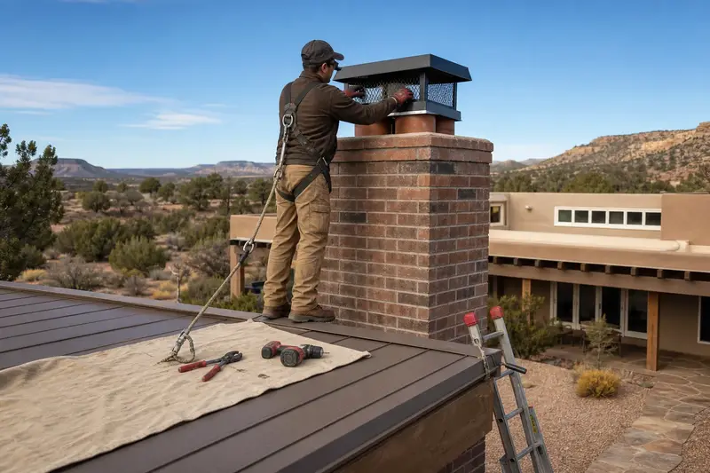 A harnessed technician fastening a multi-flue cap over the crown of a brick chimney with a steel cap on a pitched metal roof; illustrative image