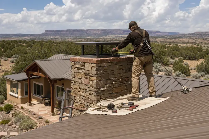 A harnessed technician sizing the flue opening of a stacked-stone chimney with a steel cap for a new cap; illustrative image