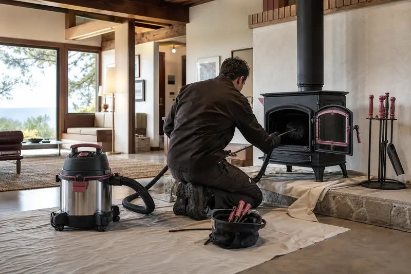 A technician kneeling at a cast-iron wood stove on a stone hearth pad with a sealed vacuum and drop cloths, the fireplace cold and unlit; illustrative image