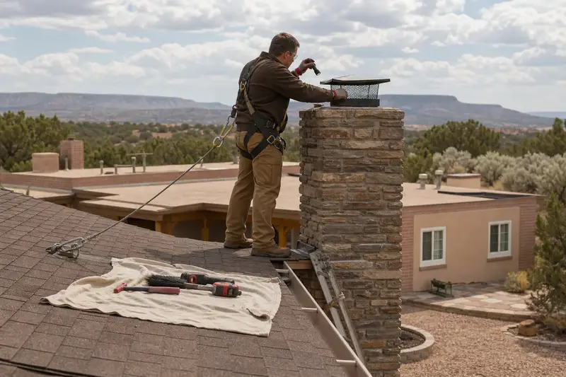 A harnessed technician examining the top of a stacked-stone chimney with a steel cap with a flashlight from a dry roof surface; illustrative image