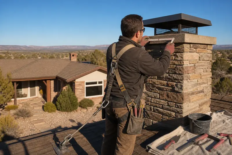 A harnessed mason measuring the crown of a stacked-stone chimney with a steel cap with a folding rule; illustrative image