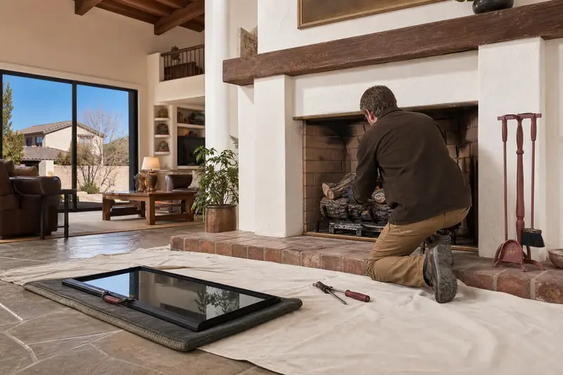 A technician checking the burner and log placement of a vented gas log set in a masonry firebox with the gas off and the glass set aside; illustrative image
