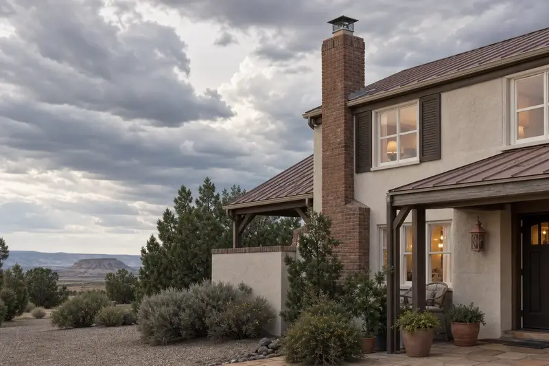 A 1980s two-story stucco suburban house with a brick chimney with a steel cap on a pitched metal roof and warm lamp-lit windows; illustrative image