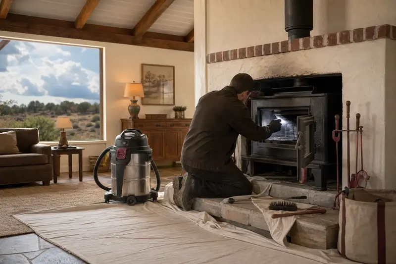 A technician checking the damper and smoke chamber of a cast-iron wood stove on a stone hearth pad by flashlight, the fireplace cold; illustrative image