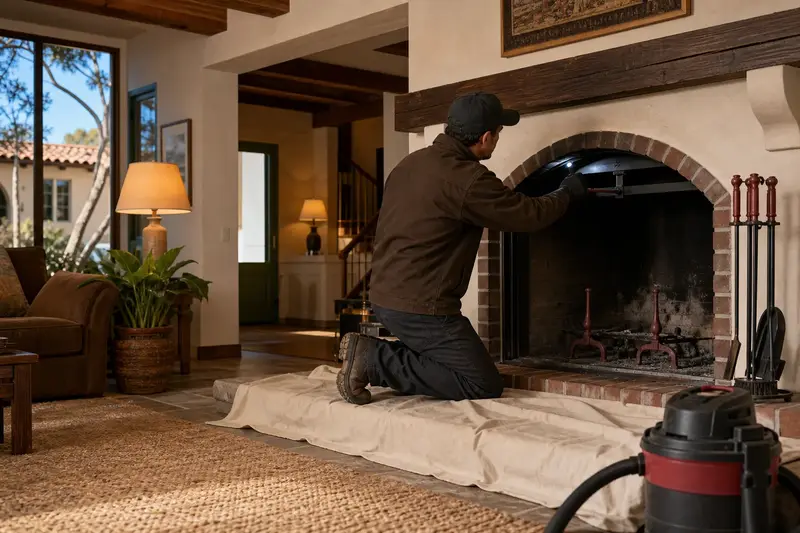 A technician adjusting the damper handle of an open masonry wood-burning fireplace by flashlight, the fireplace cold; illustrative image