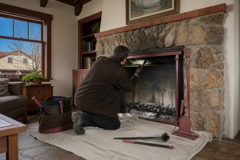 A technician checking the damper of a factory-built wood-burning fireplace with a stone facing with a flashlight, drop cloths on the hearth, the fireplace cold; illustrative image
