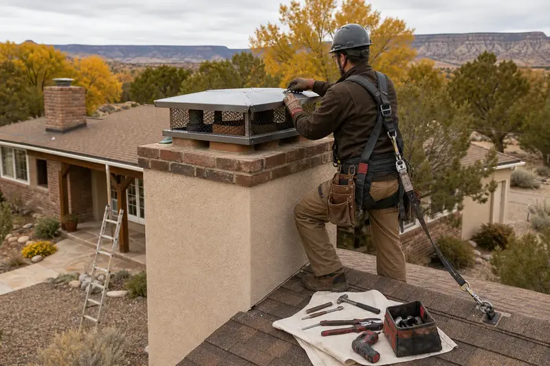 A harnessed technician fastening a multi-flue cap over the crown of a stucco chimney with a spark arrestor cap; illustrative image