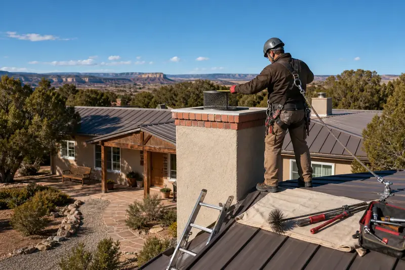 A harnessed technician sizing the flue opening of a stucco chimney with a spark arrestor cap for a new cap; illustrative image