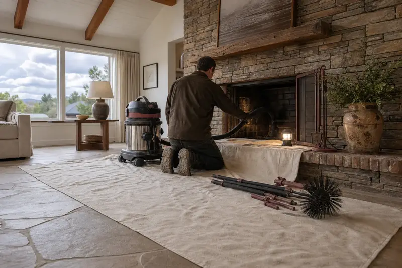 A technician kneeling at a factory-built wood-burning fireplace with a stone facing with a sealed vacuum and drop cloths, the fireplace cold and unlit; illustrative image