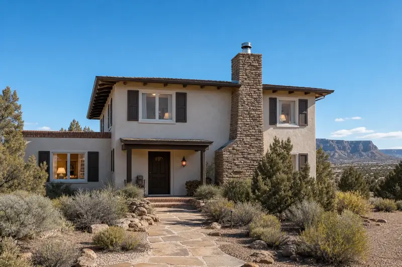 A 1960s two-story stucco suburban house with a stacked-stone chimney with a steel cap and a stainless steel cap; illustrative image