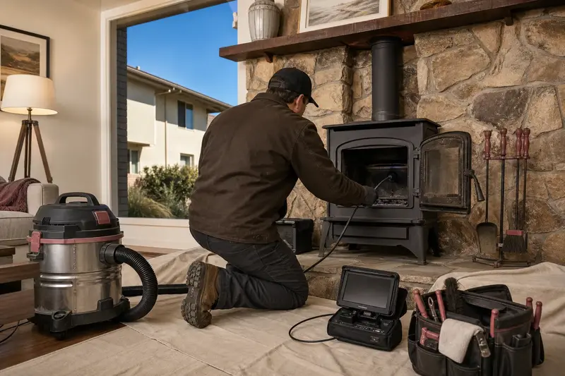 A technician guiding an inspection camera into the firebox of a cast-iron wood stove on a stone hearth pad, the fireplace cold and unlit; illustrative image