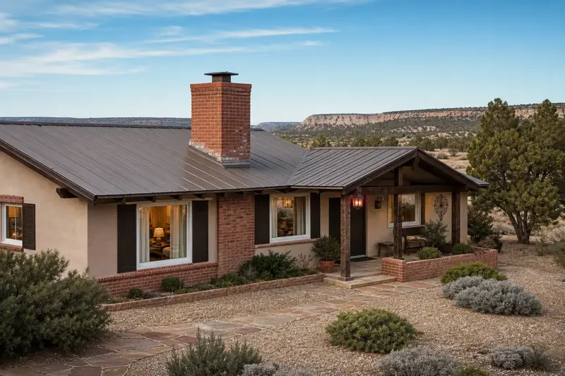 A 1960s brick-and-stucco ranch house with a brick chimney with a steel cap on a pitched metal roof and neat mortar joints; illustrative image