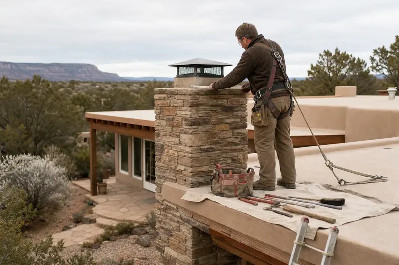 A harnessed mason measuring the crown of a stacked-stone chimney with a steel cap with a folding rule; illustrative image