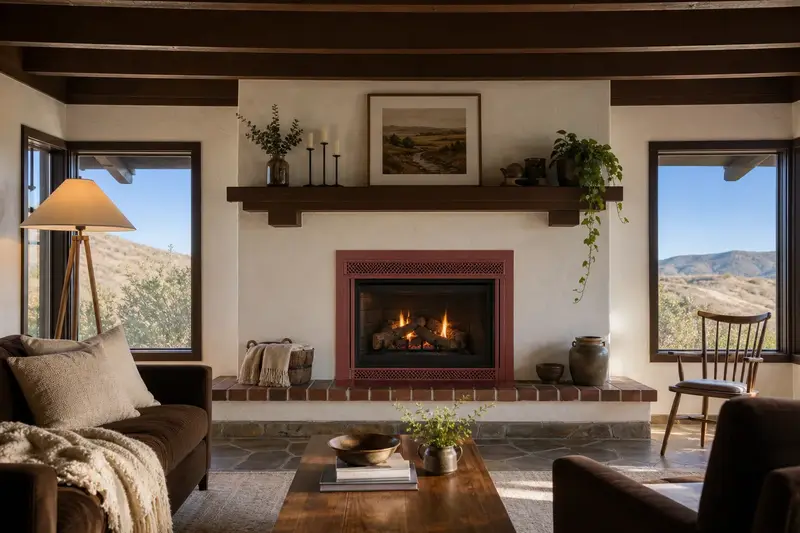 A warm living room with a vented gas log set in a masonry firebox glowing softly behind its glass, no one present; illustrative image