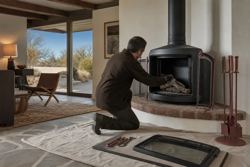 A technician checking the burner and log placement of a freestanding gas stove with the gas off and the glass set aside; illustrative image