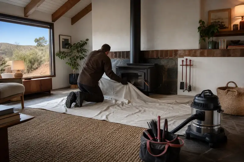 A technician laying drop cloths before servicing a freestanding gas stove, the fireplace cold; illustrative image