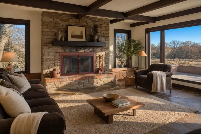 A calm hearth room with an open masonry wood-burning fireplace, glass doors closed and no fire; illustrative image