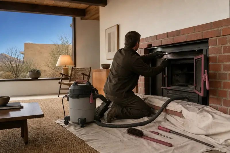 A technician checking the damper and smoke chamber of a wood-burning insert in a brick opening by flashlight, the fireplace cold; illustrative image