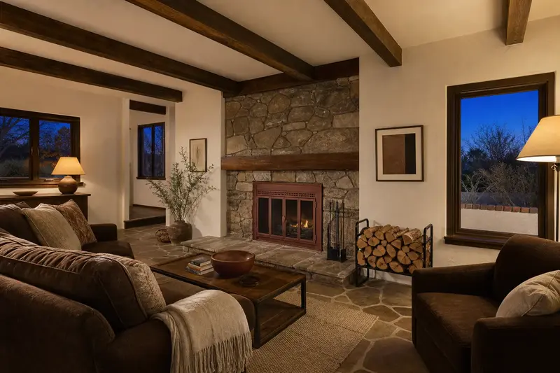 A hearth room with a factory-built wood-burning fireplace with a stone facing, split firewood in a steel rack and a clear hearth; illustrative image