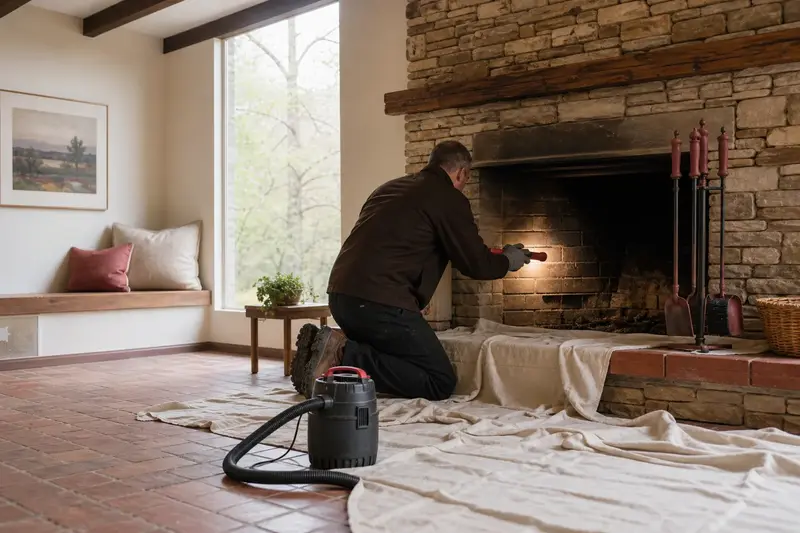 A technician checking the firebox walls of an open masonry wood-burning fireplace with a work light, a drop cloth on the hearth; illustrative image