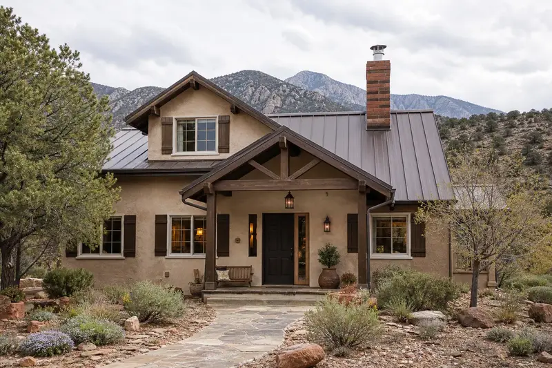 A 1980s stucco house with a pitched metal roof with a brick chimney with a spark arrestor cap on a metal roof topped by a new stainless steel cap; illustrative image