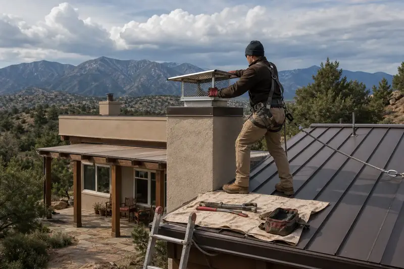 A harnessed technician setting a stainless steel mesh chimney cap onto a stucco chimney with a metal cap on a pitched metal roof; illustrative image