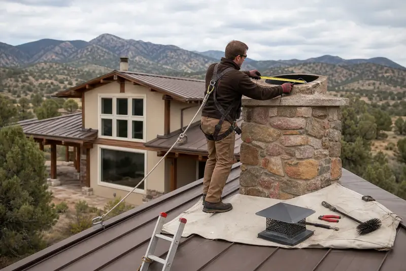 A harnessed technician sizing the flue opening of a stone chimney with a steel cap for a new cap; illustrative image