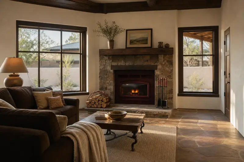 A tidy hearth room with a factory-built wood-burning fireplace with a stone facing, a cleared hearth, fireplace tools and split firewood; illustrative image