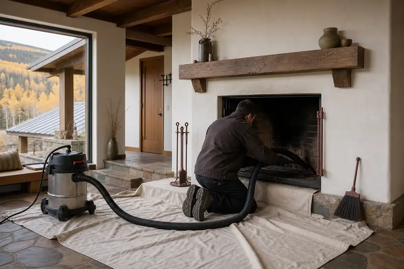 A technician kneeling at an open masonry wood-burning fireplace with a sealed vacuum and drop cloths, the fireplace cold and unlit; illustrative image