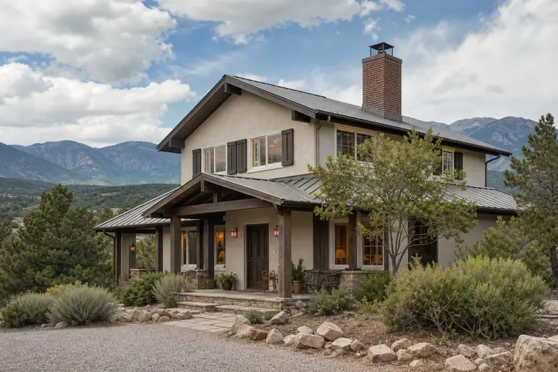 A 1980s stucco-and-timber contemporary house in soft daylight with a brick chimney with a spark arrestor cap on a metal roof standing clear above the roofline; illustrative image