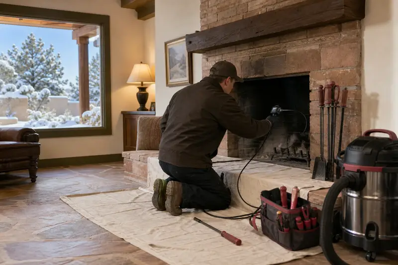 A technician guiding an inspection camera into the firebox of an open masonry wood-burning fireplace, the fireplace cold and unlit; illustrative image