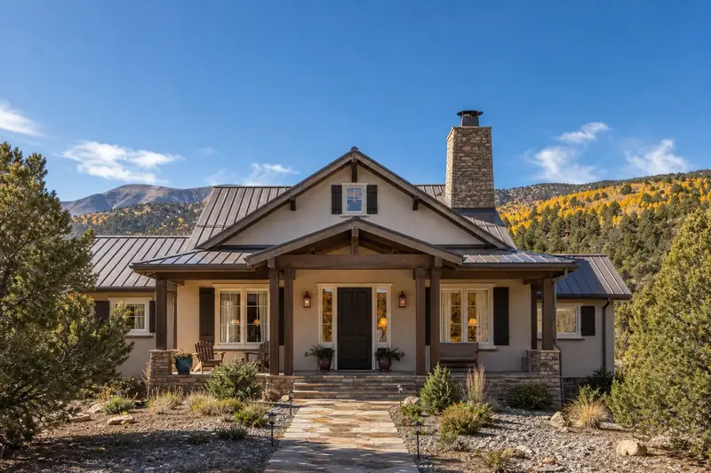 A 1980s stucco-and-timber contemporary house with a stone chimney with a steel cap and neat mortar joints; illustrative image