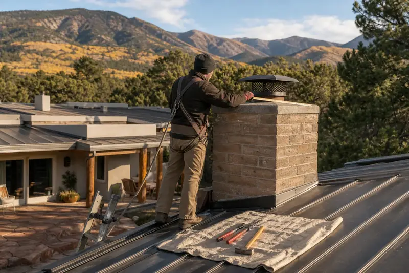 A harnessed mason measuring the crown of a brick chimney with a spark arrestor cap on a metal roof with a folding rule; illustrative image