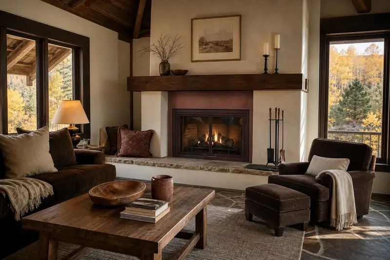 A warm living room with a vented gas log set in a masonry firebox glowing softly behind its glass, no one present; illustrative image