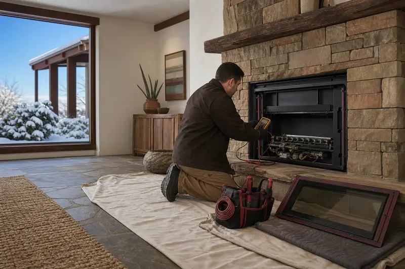 A technician kneeling at a gas insert set in a brick opening with the glass front removed, testing the controls with a multimeter; illustrative image