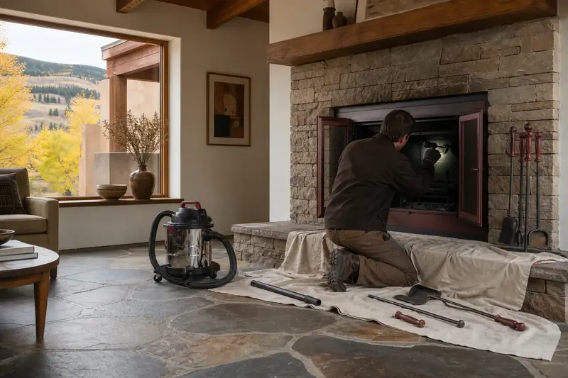 A technician checking the damper of a factory-built wood-burning fireplace with a stone facing with a flashlight before the heating season, the fireplace cold; illustrative image