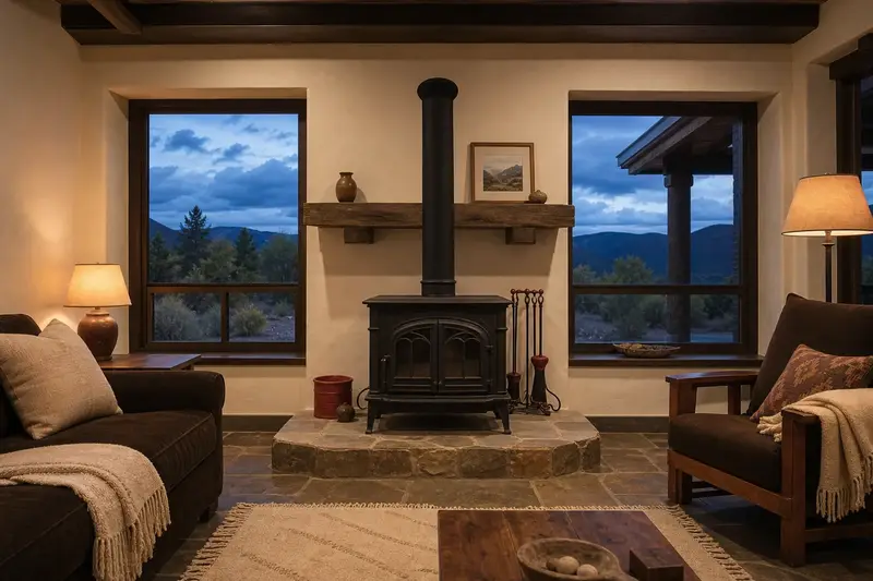 A calm hearth room with a cast-iron wood stove on a stone hearth pad, glass doors closed and no fire; illustrative image