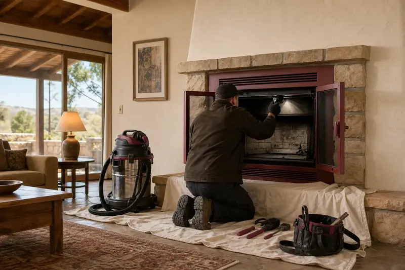 A technician checking the damper and smoke chamber of a factory-built wood-burning fireplace with a stone facing by flashlight, the fireplace cold; illustrative image