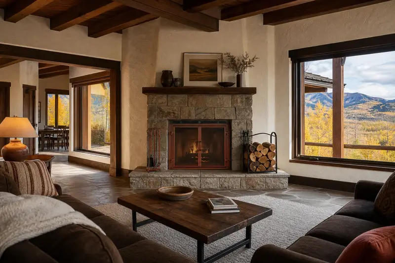A hearth room with a factory-built wood-burning fireplace with a stone facing, split firewood in a steel rack and a clear hearth; illustrative image